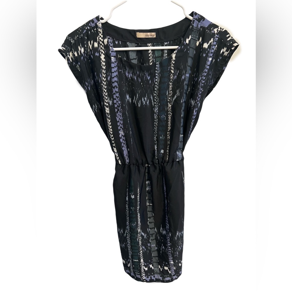BeBop Mini Sheath Dress with Cinching Waist Tie Black Navy Blue Gray White Small